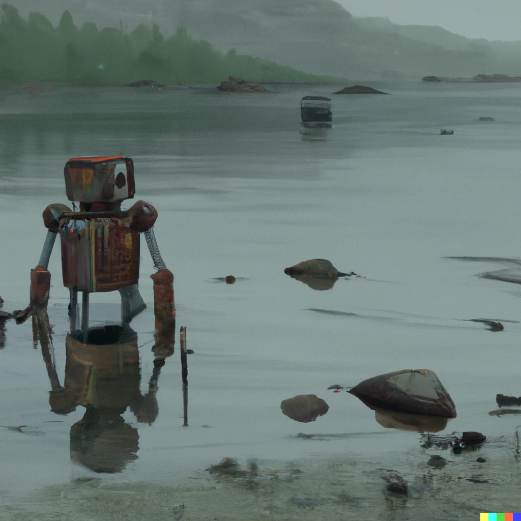 Prompt: simon stalenhag type painting of an unused robot at the bottom of a shallow river