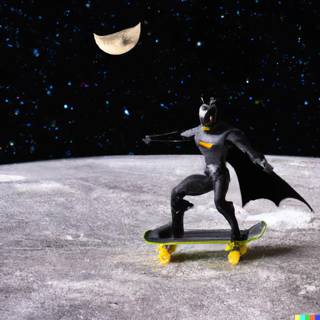 Prompt: batman riding skate on the moon surface earth is in the background
