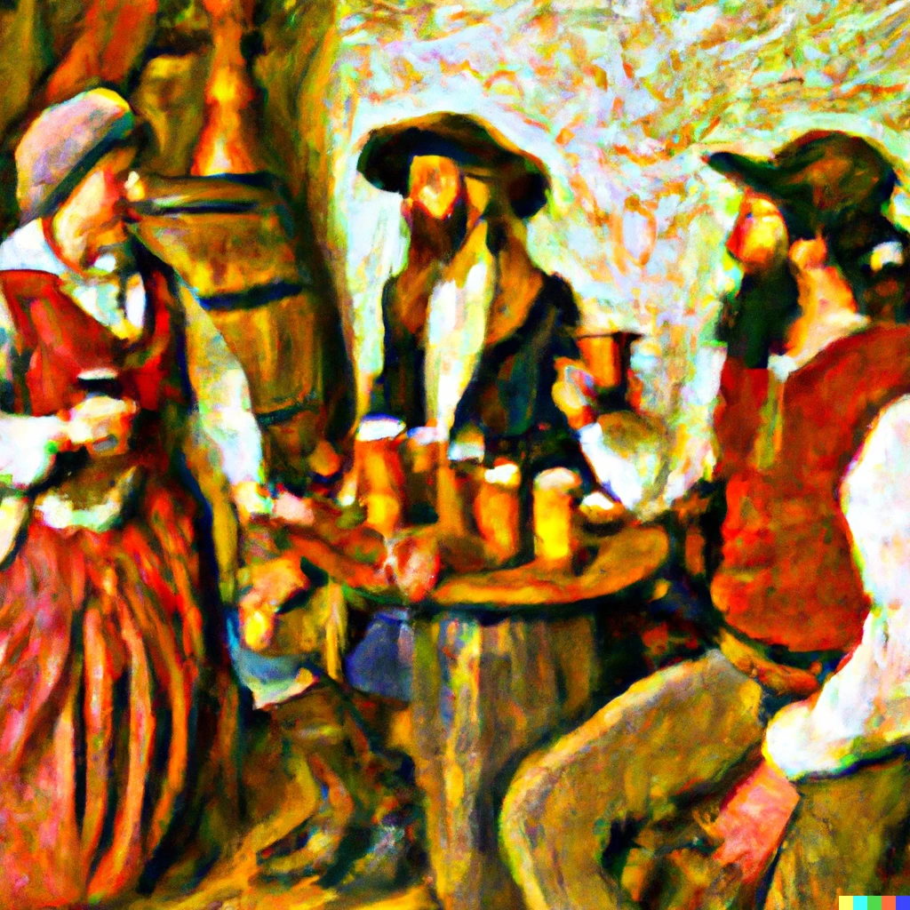 Prompt: Peasants drinking ale in a medieval tavern, impressionist.