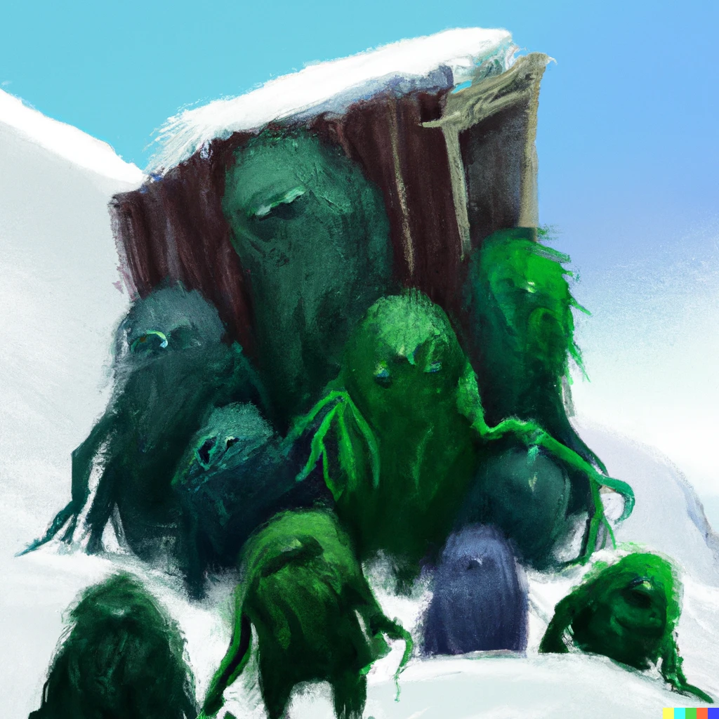 Prompt: A group of green-skinned hairy goblins building a barn on a snowy hillside, digital art.