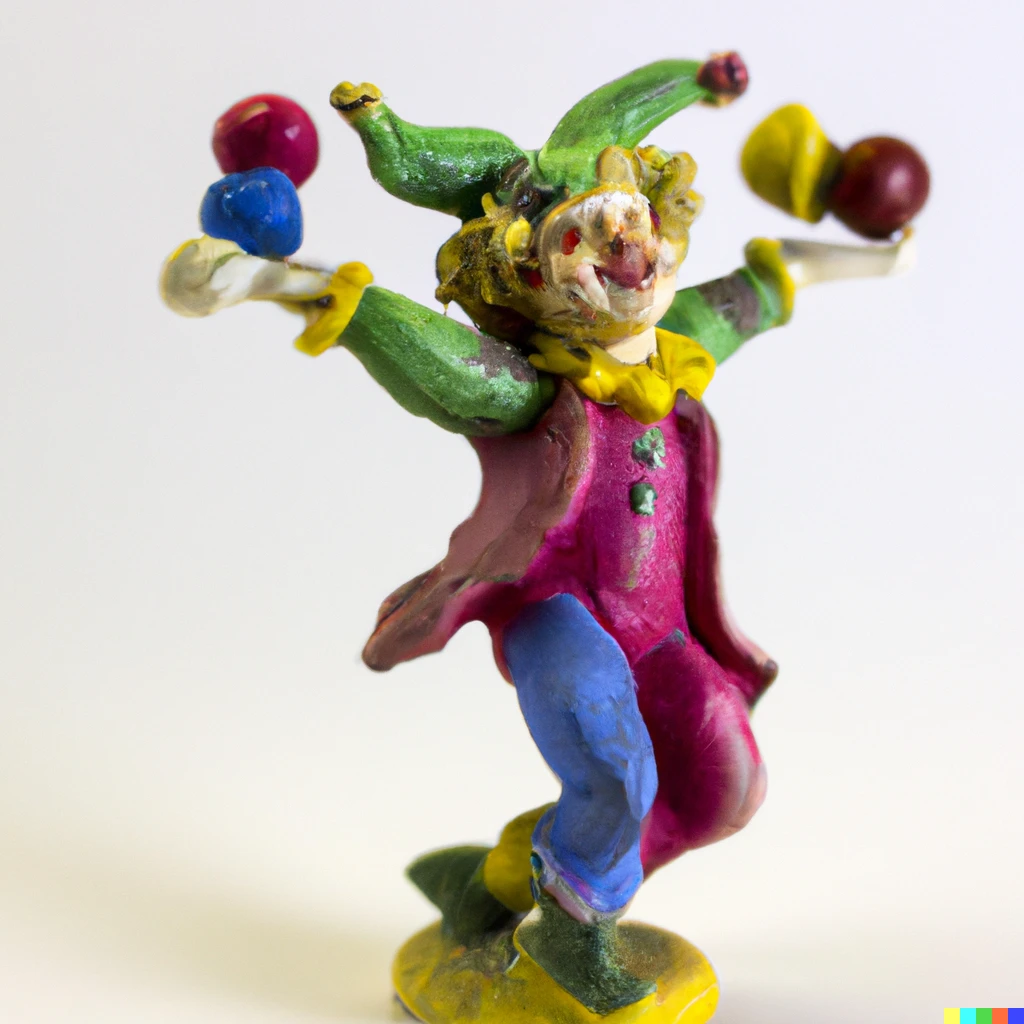 Prompt: A happy gobblin in jester's clothing juggling, painted plastic miniature figurine.
