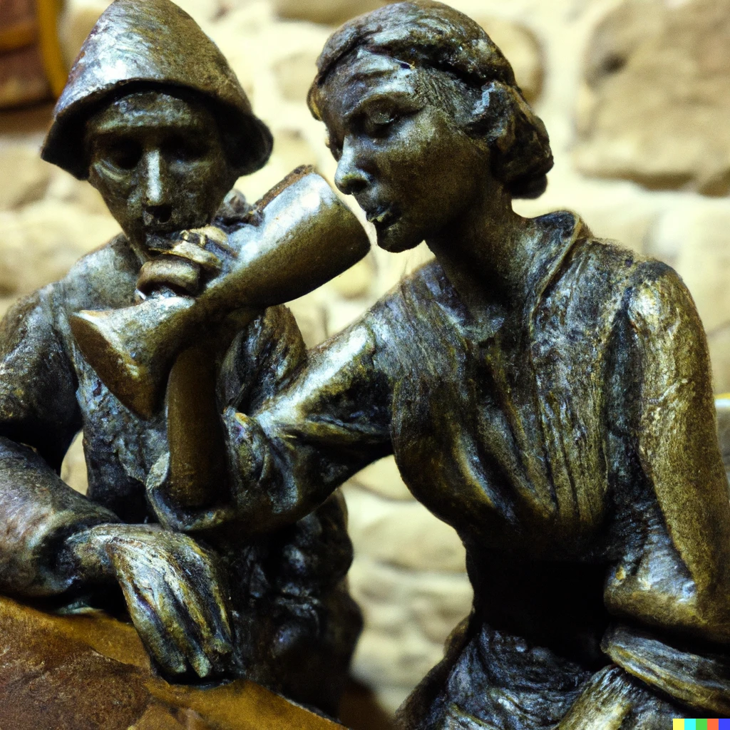 Prompt: Peasants drinking ale in a medieval tavern, bronze scultpure.