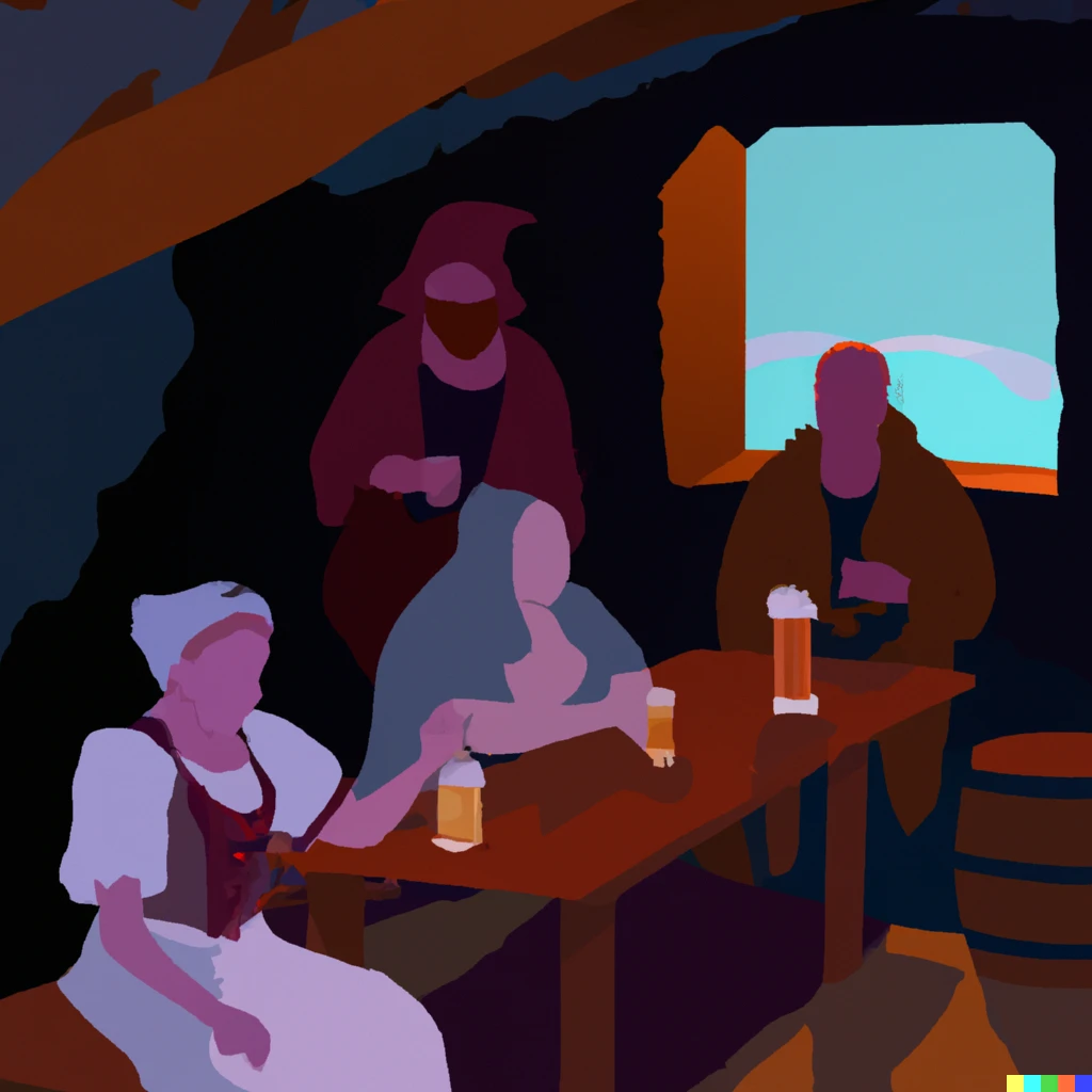 Prompt: Peasants drinking ale in a medieval tavern, vaporwave.