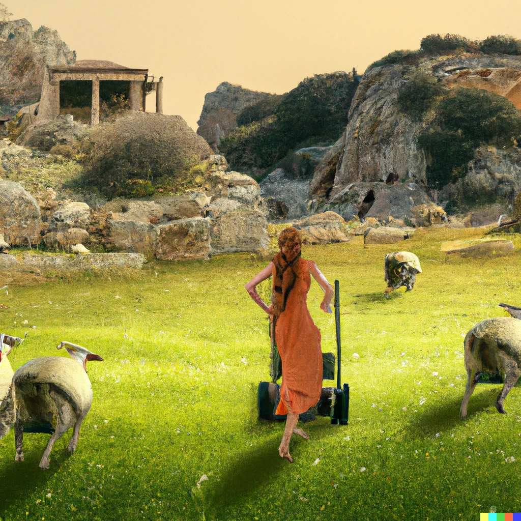 Prompt: A young woman pushing a lawn mower on a hillsipe with sheep in ancient Greece, digital art.