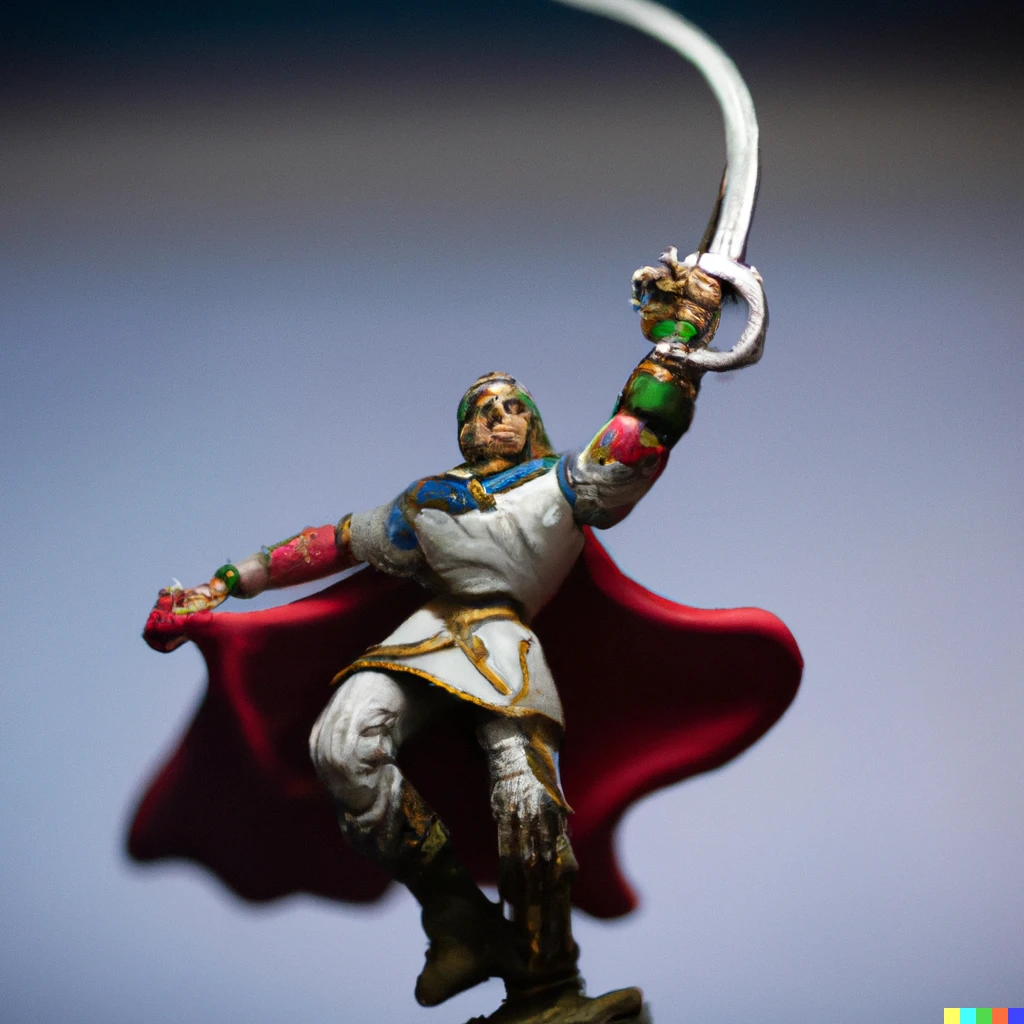 Prompt: A fantasy hero holding aloft a sword, painted plastic miniature figurine.