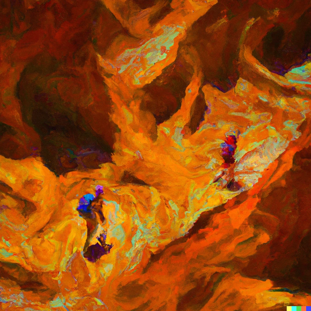 Prompt: Climbers ascening a canyon on mars, impressionist.