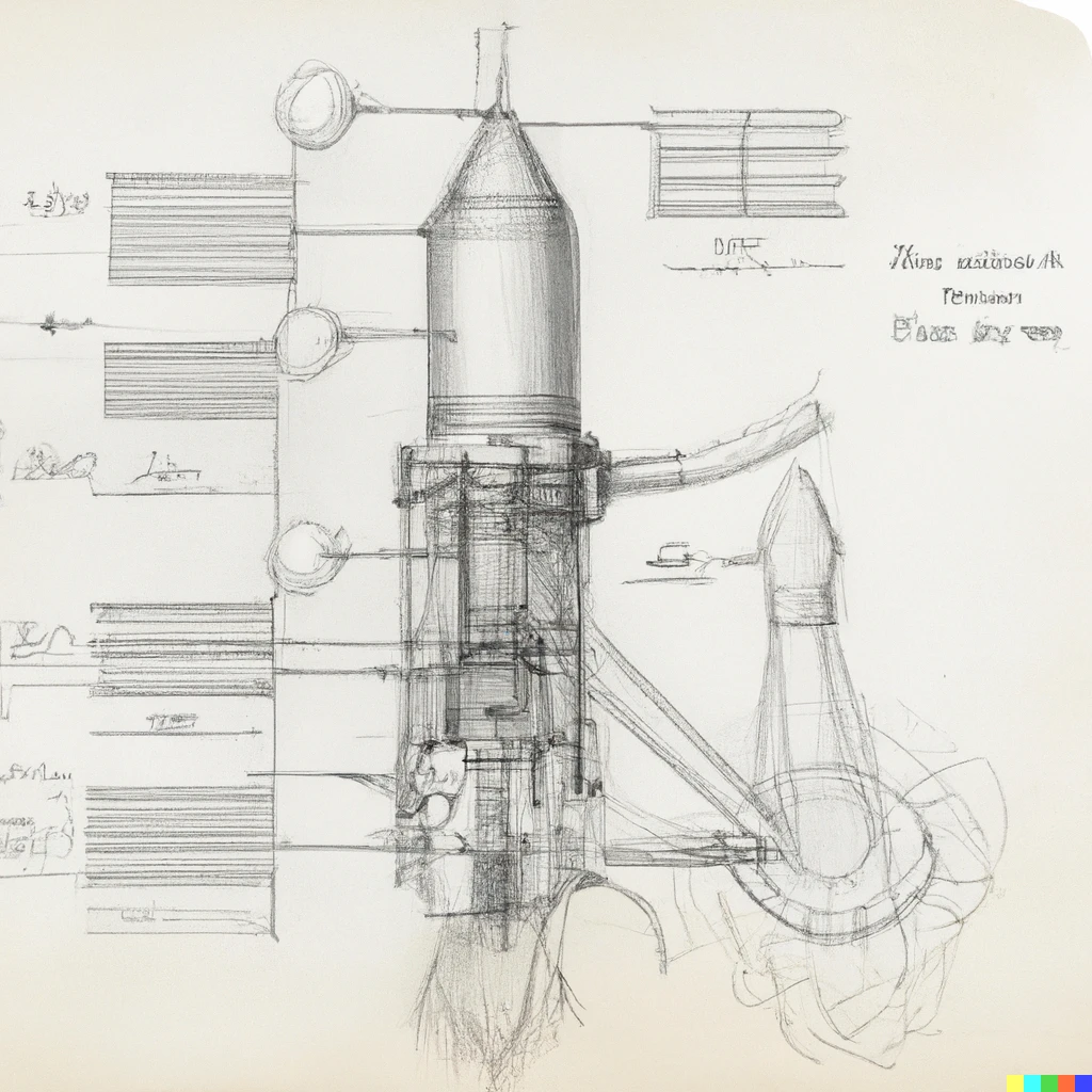 Prompt: A pencil sketch schematic diagram of a rocket engine by Leonardo Da Vinci.