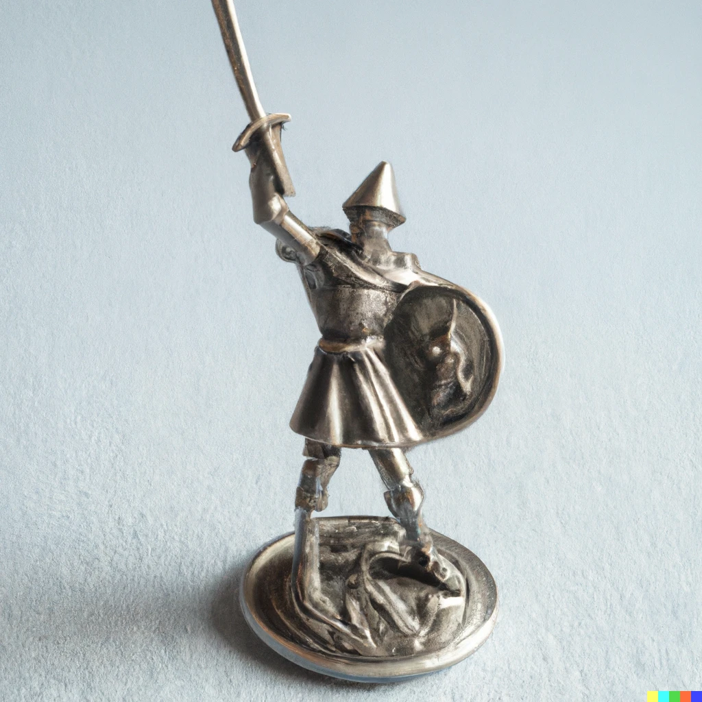 Prompt: A fantasy hero holding aloft a sword, pewter miniature figurine.
