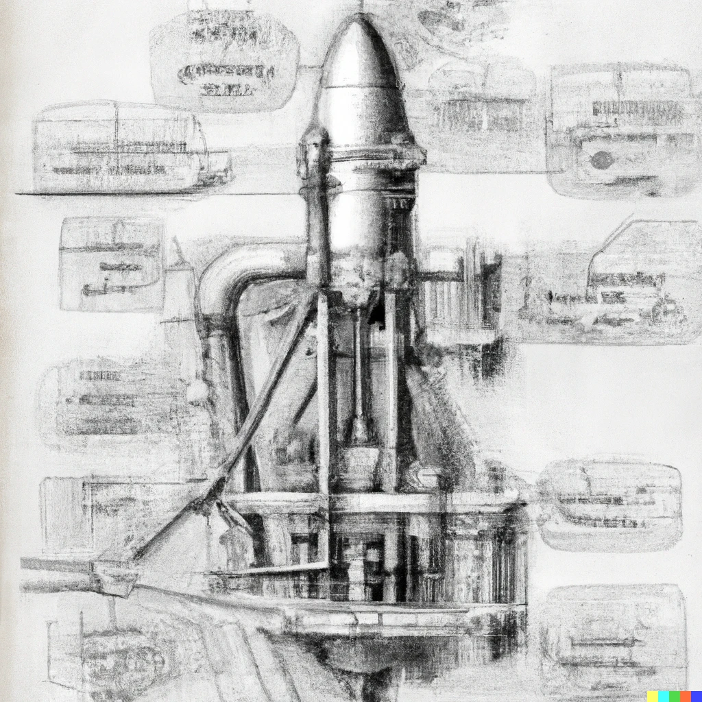 Prompt: A pencil sketch schematic diagram of a rocket engine by Leonardo Da Vinci.