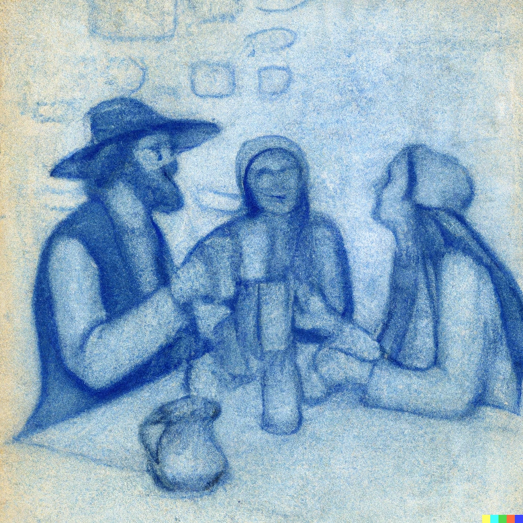 Prompt: Peasants drinking ale in a medieval tavern, white grease pencil line art on blue paper.