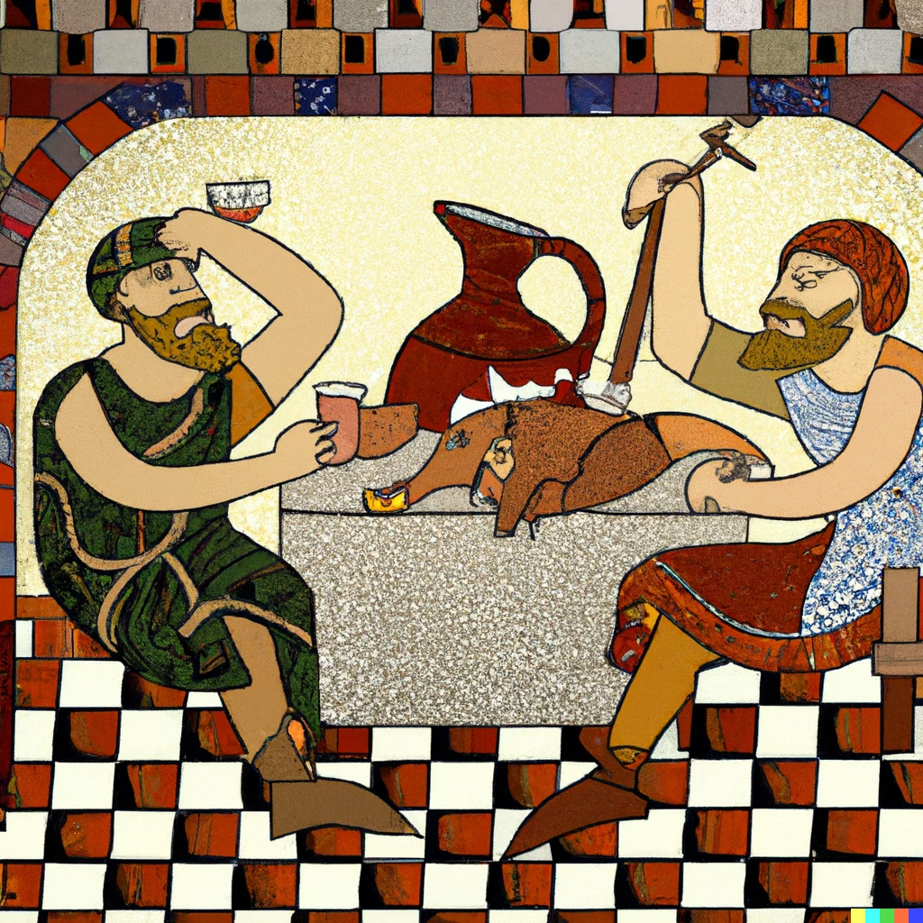 Prompt: Peasants drinking ale in a medieval tavern, Roman mosaic.