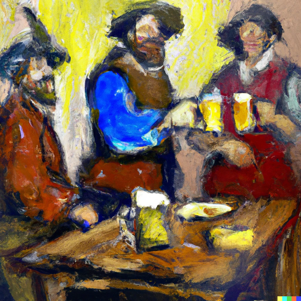 Prompt: Peasants drinking ale in a medieval tavern, impressionist.