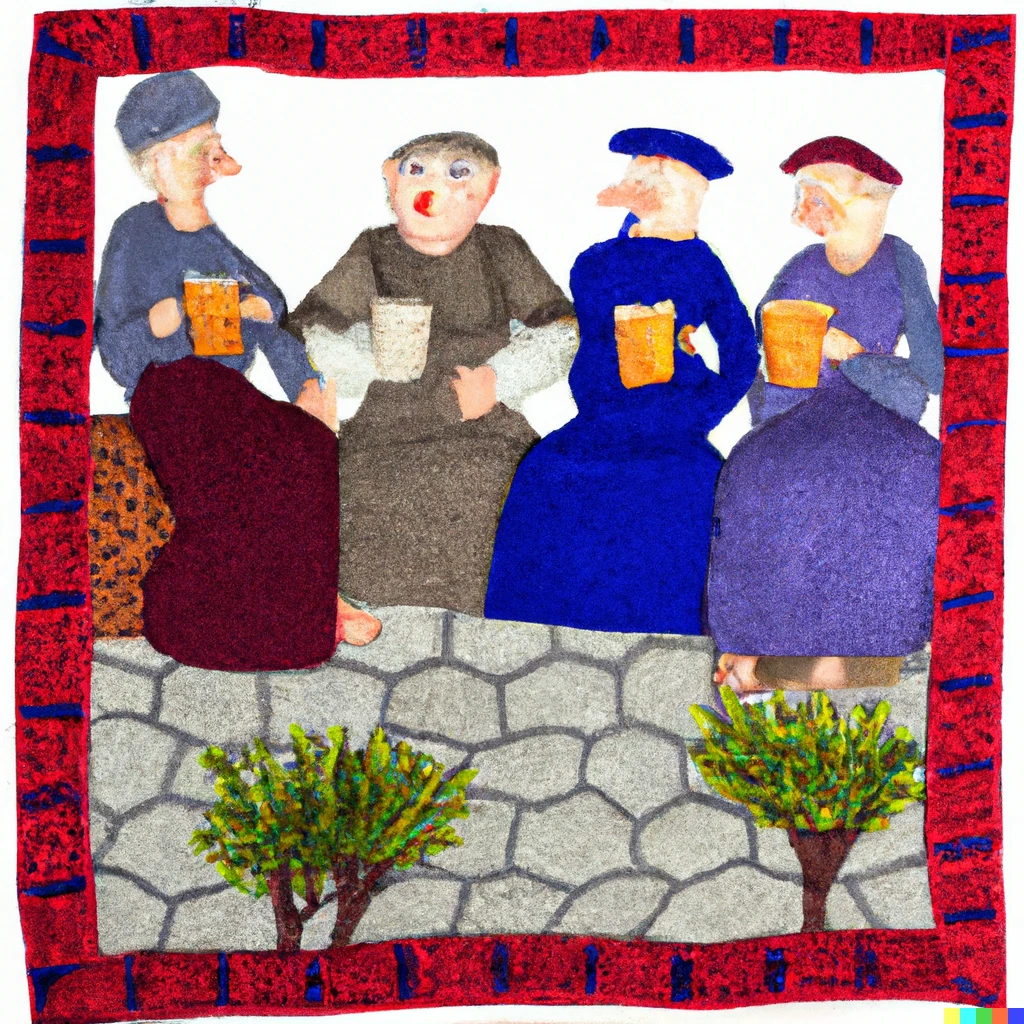 Prompt: Peasants drinking ale in a medieval tavern, fiber art quilt.