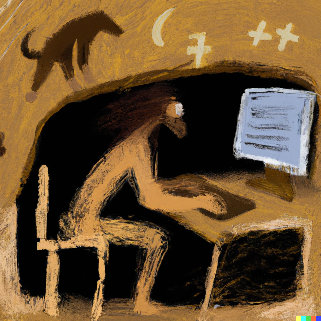 Prompt: A man sitting at a desktop computer workstation, in the style of the Lascaux cave paintings.