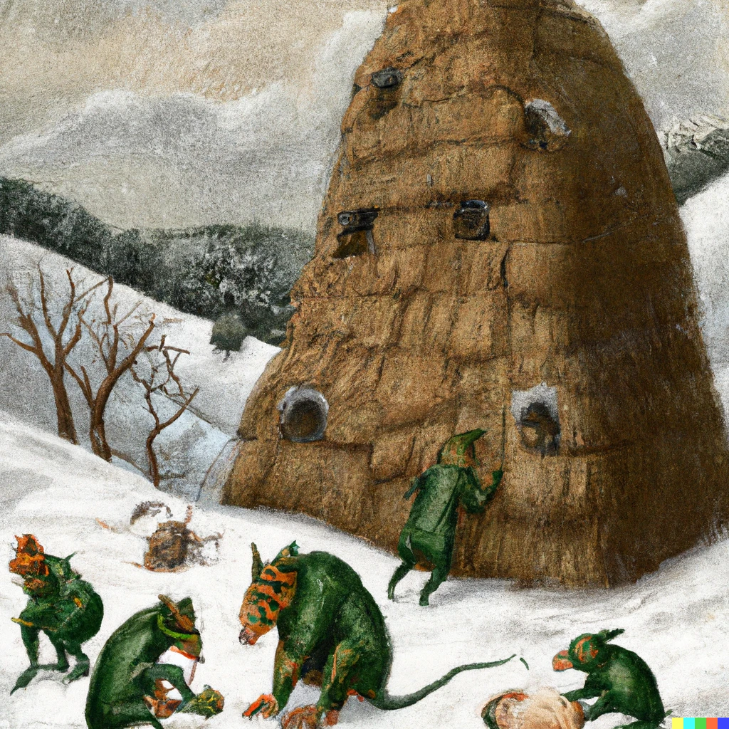Prompt: A group of green-skinned hairy goblins building a barn on a snowy hillside, digital art in the style of Pieter Breugel the Elder.