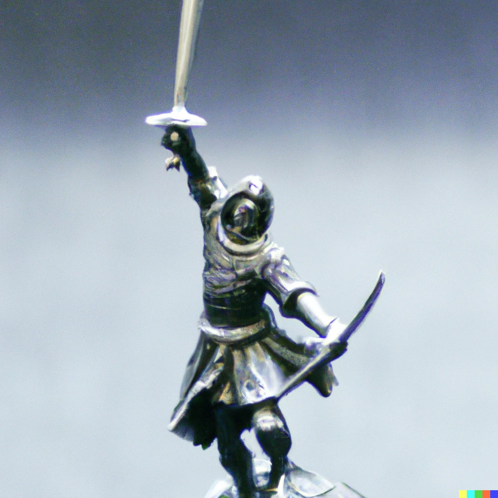 Prompt: A fantasy hero holding aloft a sword, pewter miniature figurine.