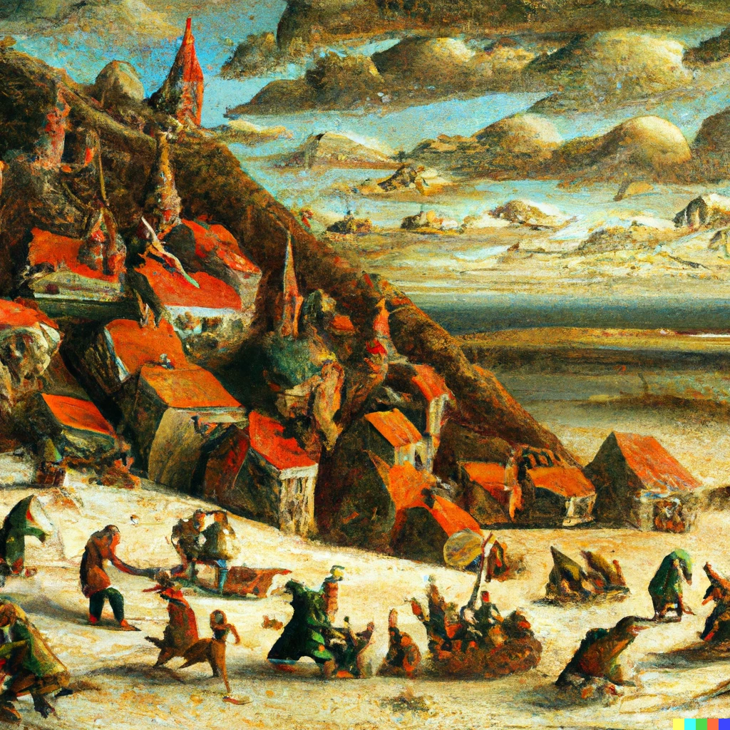 Prompt: A group of goblins building a town on a snowy hillside, oil painting in the style of Pieter Breugel the Elder.