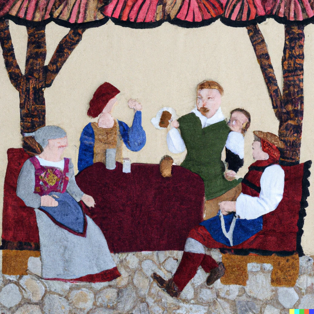 Prompt: Peasants drinking ale in a medieval tavern, fiber art quilt.
