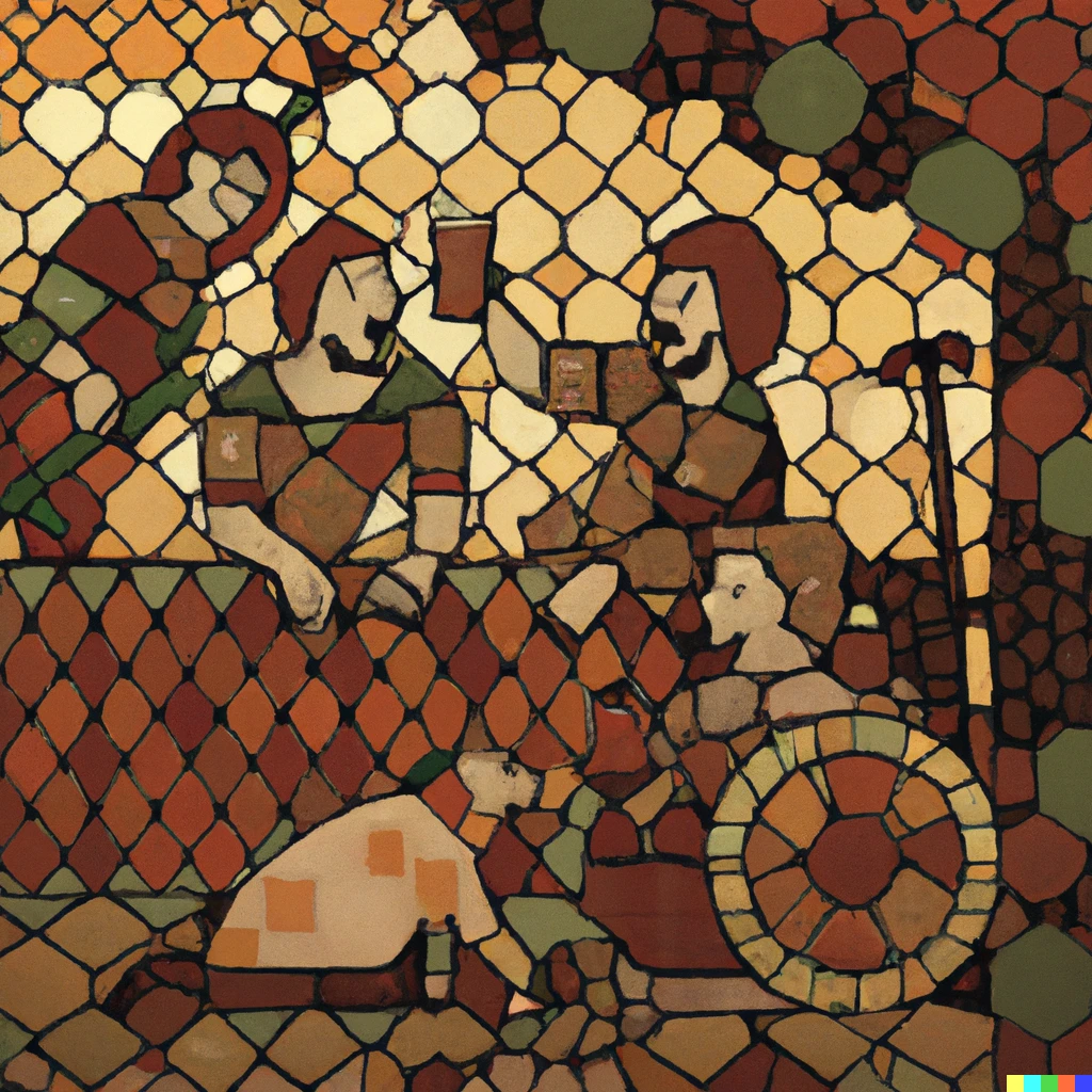 Prompt: Peasants drinking ale in a medieval tavern, mosaic.