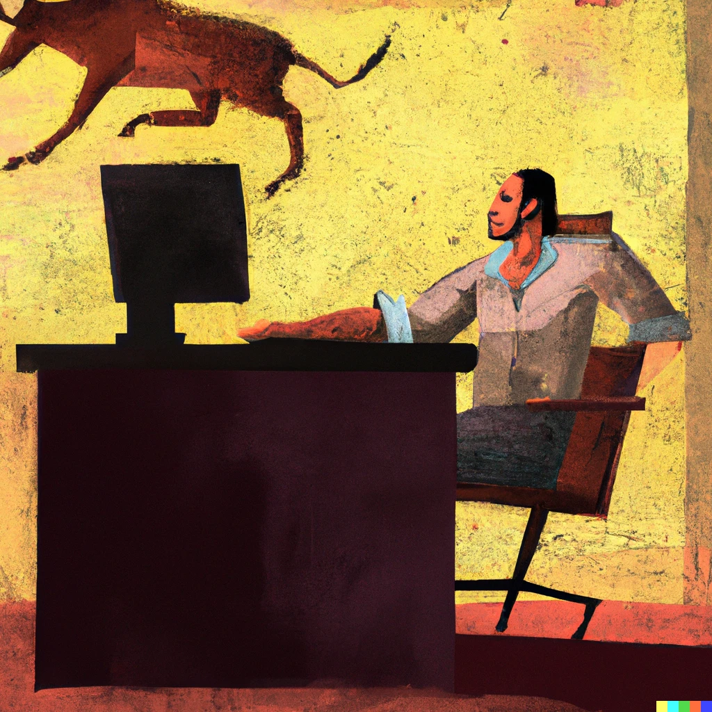 Prompt: A man sitting at a desktop computer workstation, in the style of the Altamira bull cave painting.