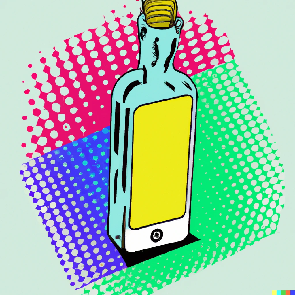 Prompt: A bottle with a smartphone inside, pop art.