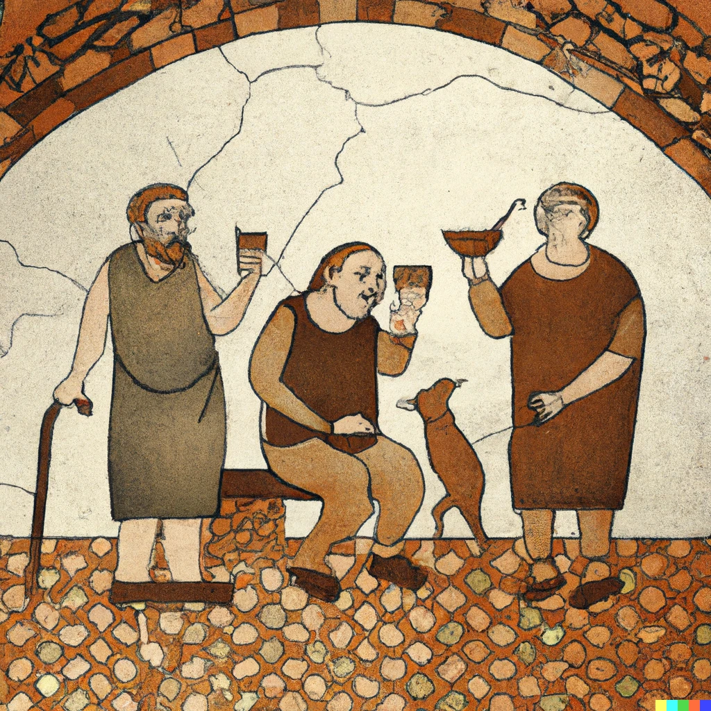 Prompt: Peasants drinking ale in a medieval tavern, Roman mosaic.