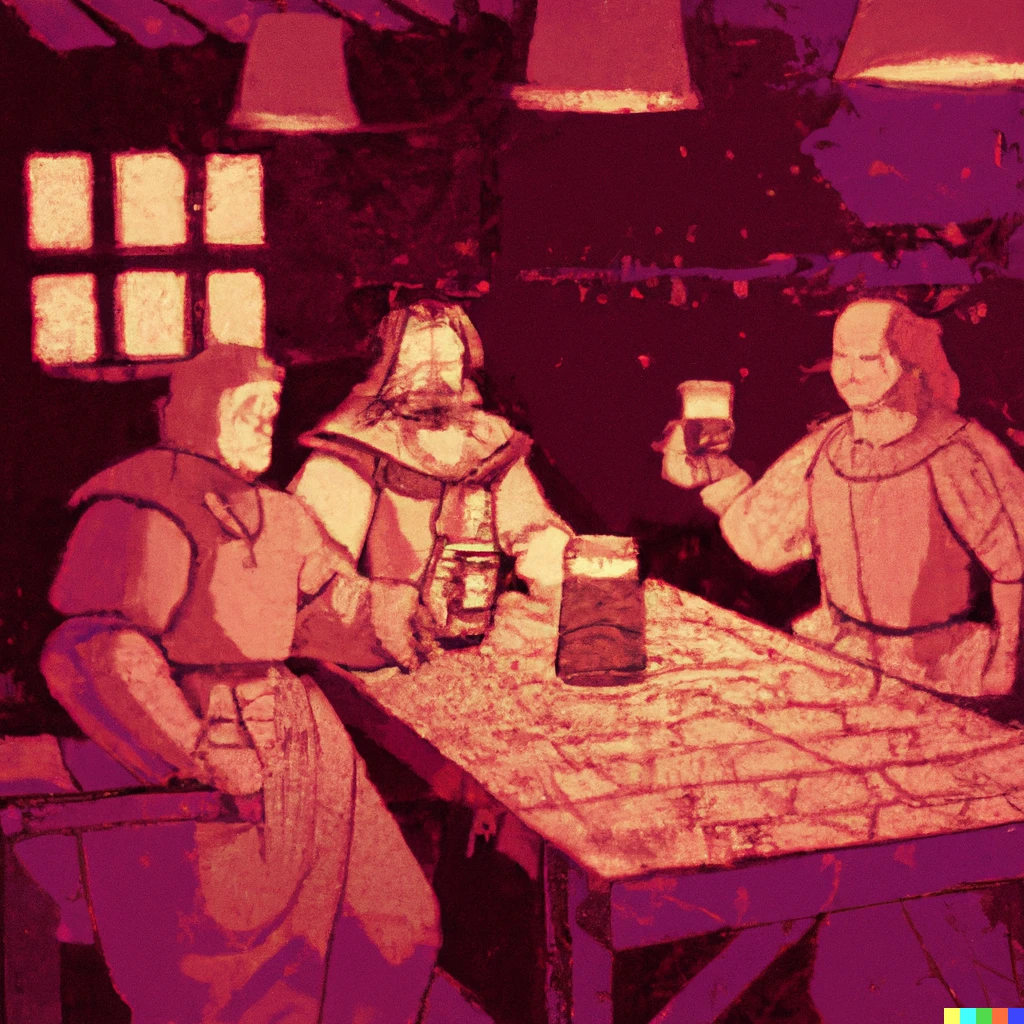 Prompt: Peasants drinking ale in a medieval tavern, vaporwave.