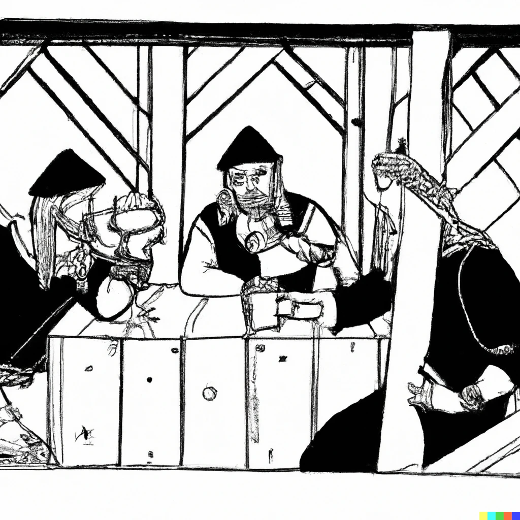 Prompt: Peasants drinking ale in a medieval tavern, black and white illustration.