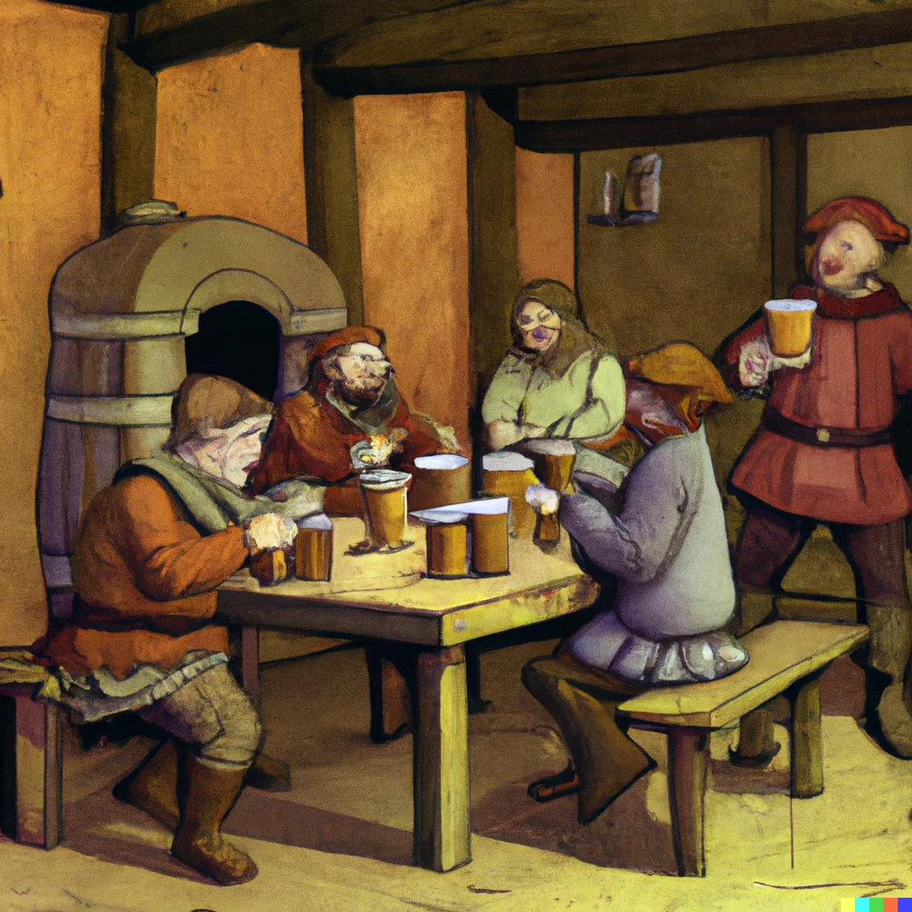 Prompt: Peasants drinking ale in a medieval tavern, by Keith Parkinson.