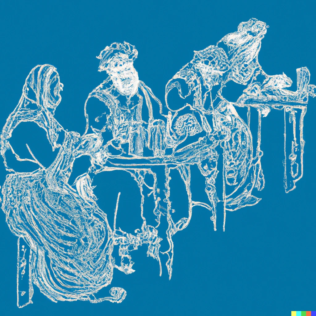 Prompt: Peasants drinking ale in a medieval tavern, white line art on blue background.