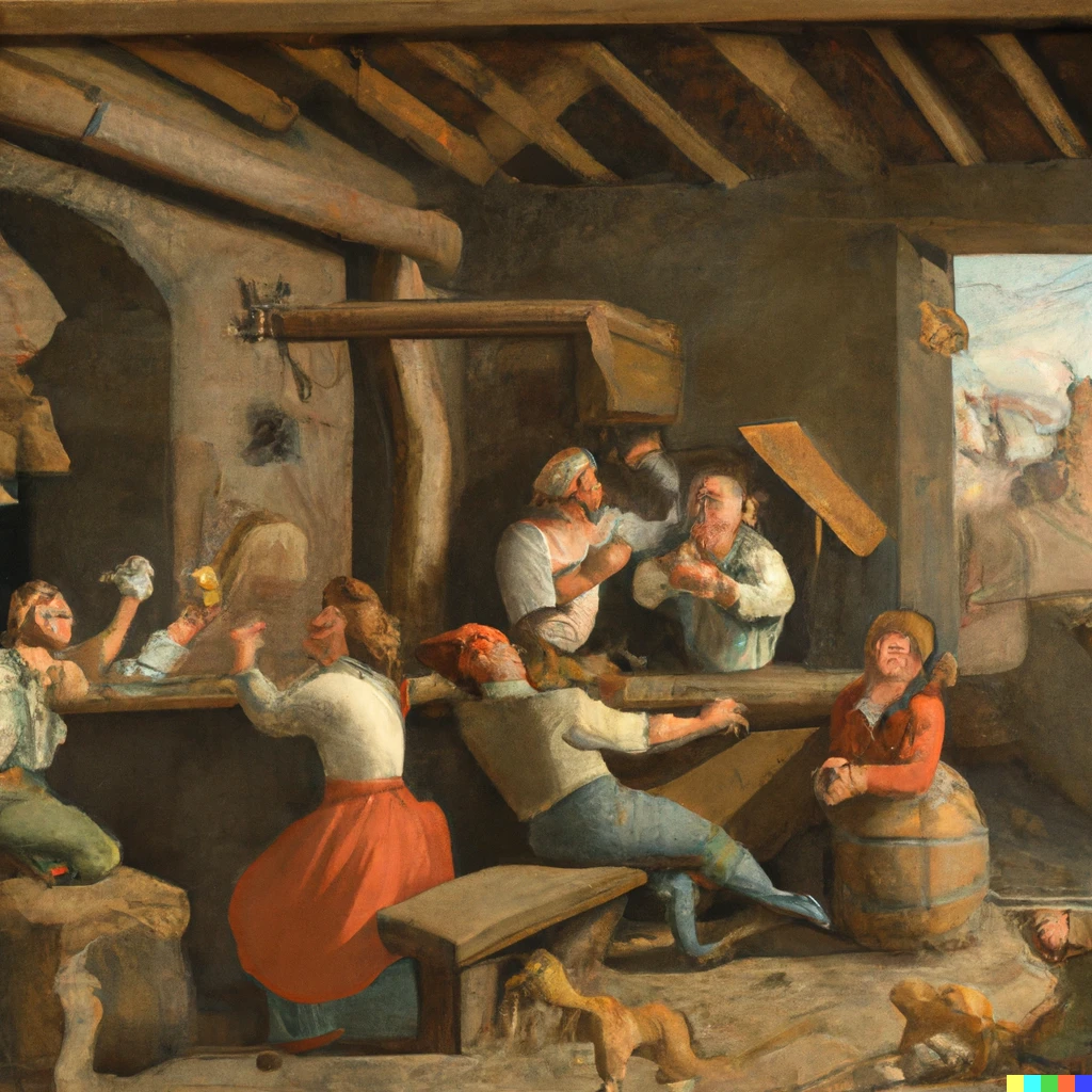 Prompt: Peasants drinking ale in a medieval tavern, by Pieter Bruegel the Elder.