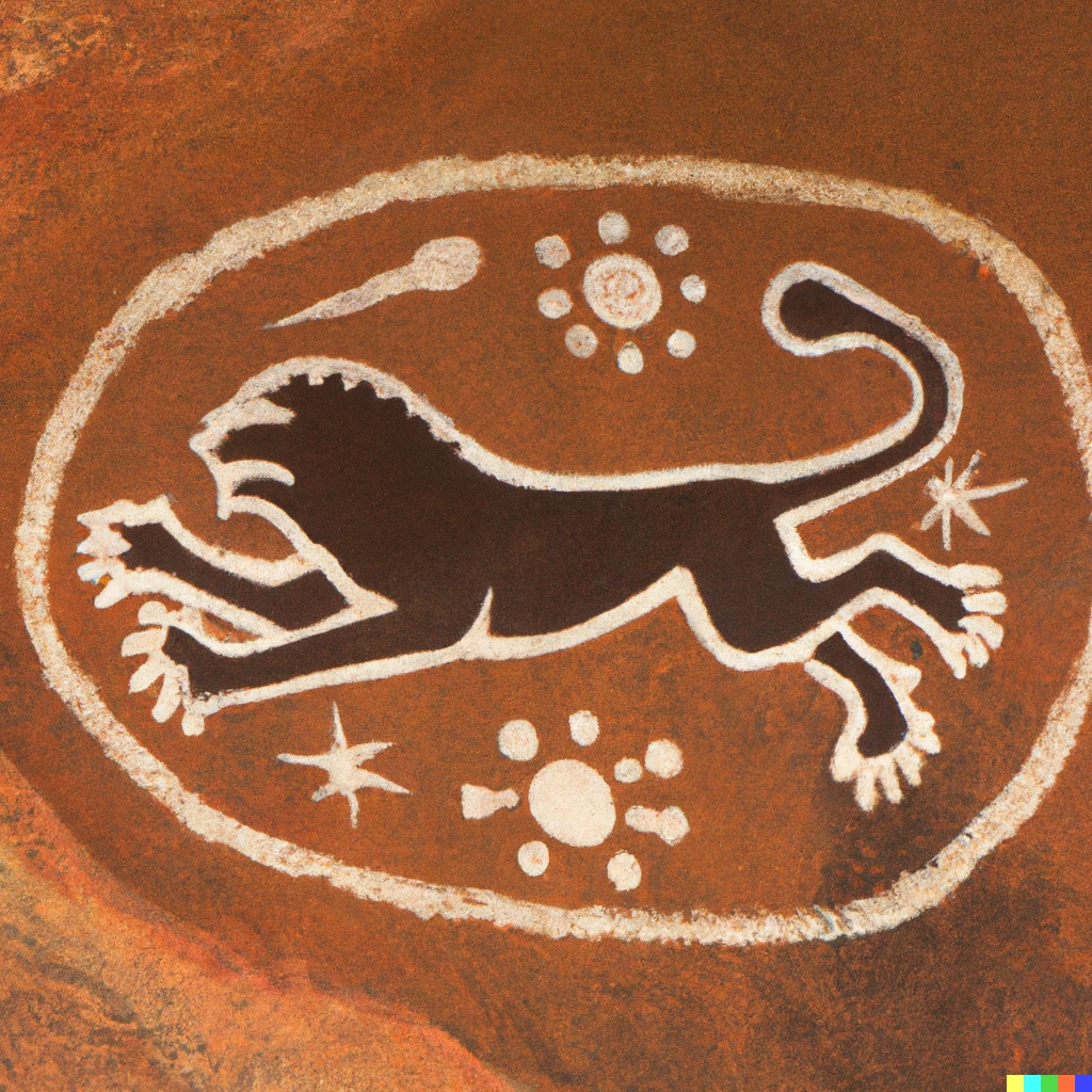 Prompt: A lion flying a spaceship, australian rock art.