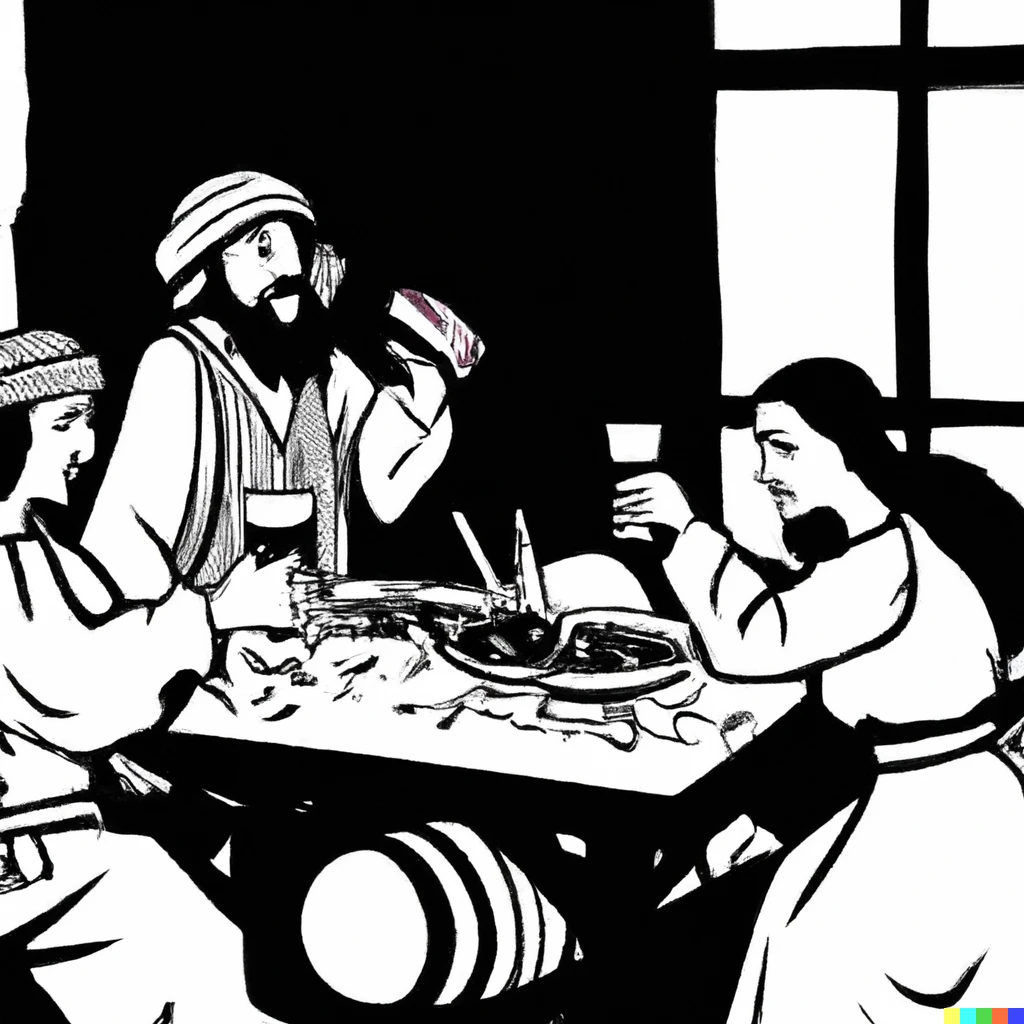 Prompt: Peasants drinking ale in a medieval tavern, black and white illustration.