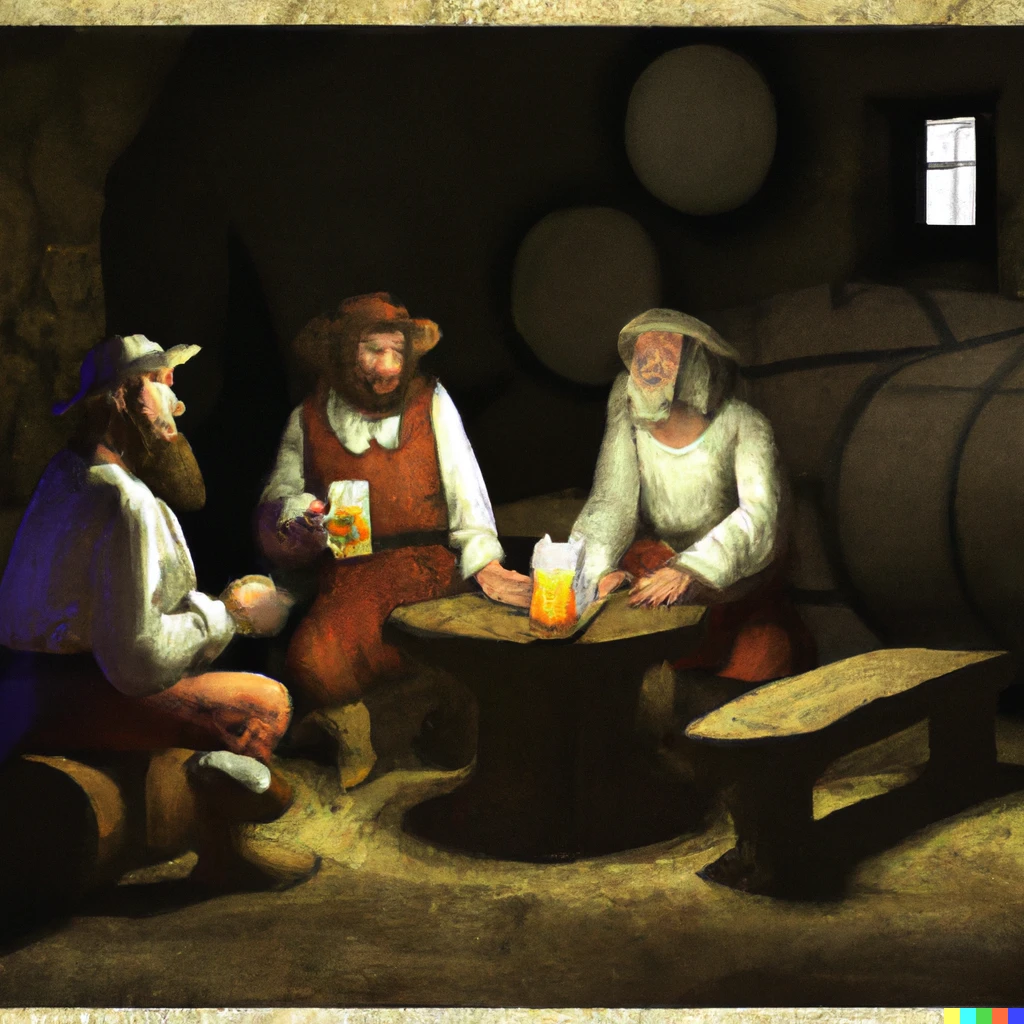 Prompt: Peasants drinking ale in a medieval tavern, digital art.