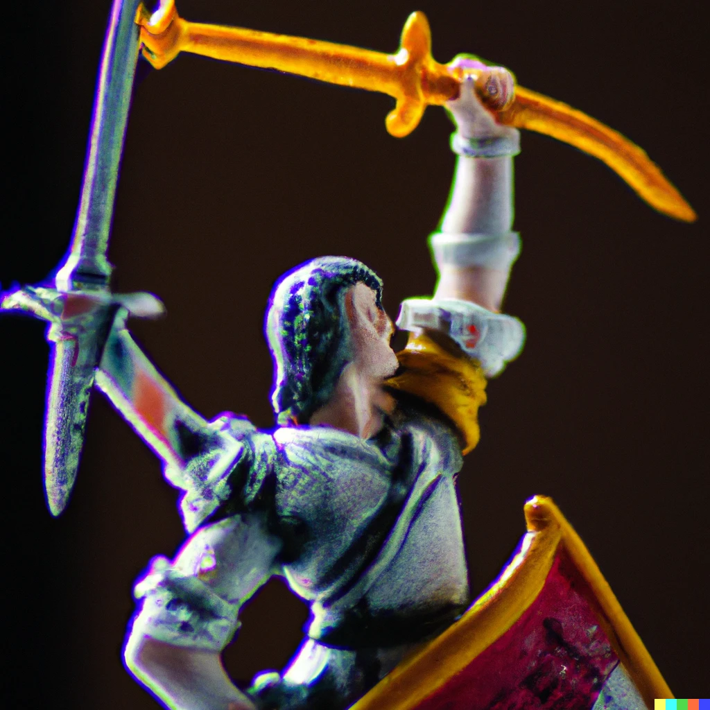 Prompt: A fantasy hero holding aloft a sword, painted plastic miniature figurine.