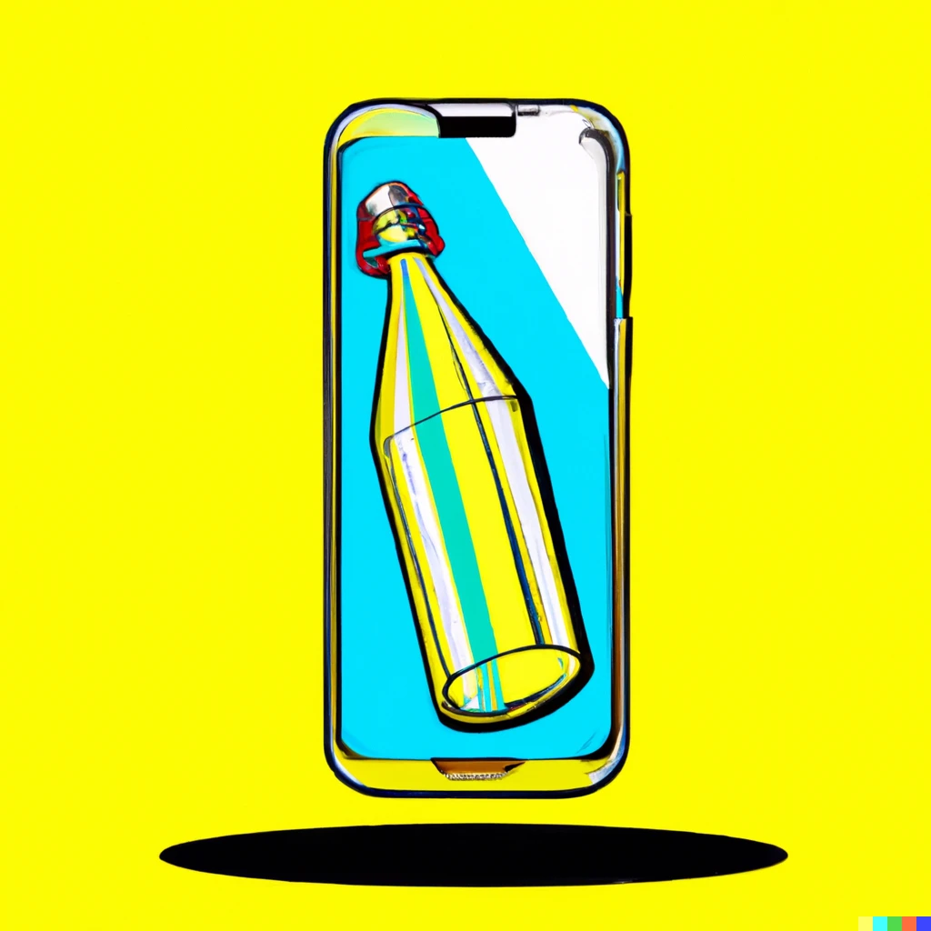 Prompt: A smartphone inside a bottle, pop art.