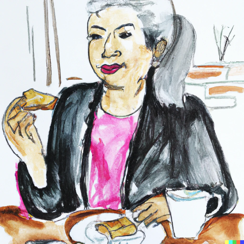 Prompt: A water colour painting of a woman with grey hair sitting at a table drinking tea and eating toast. 