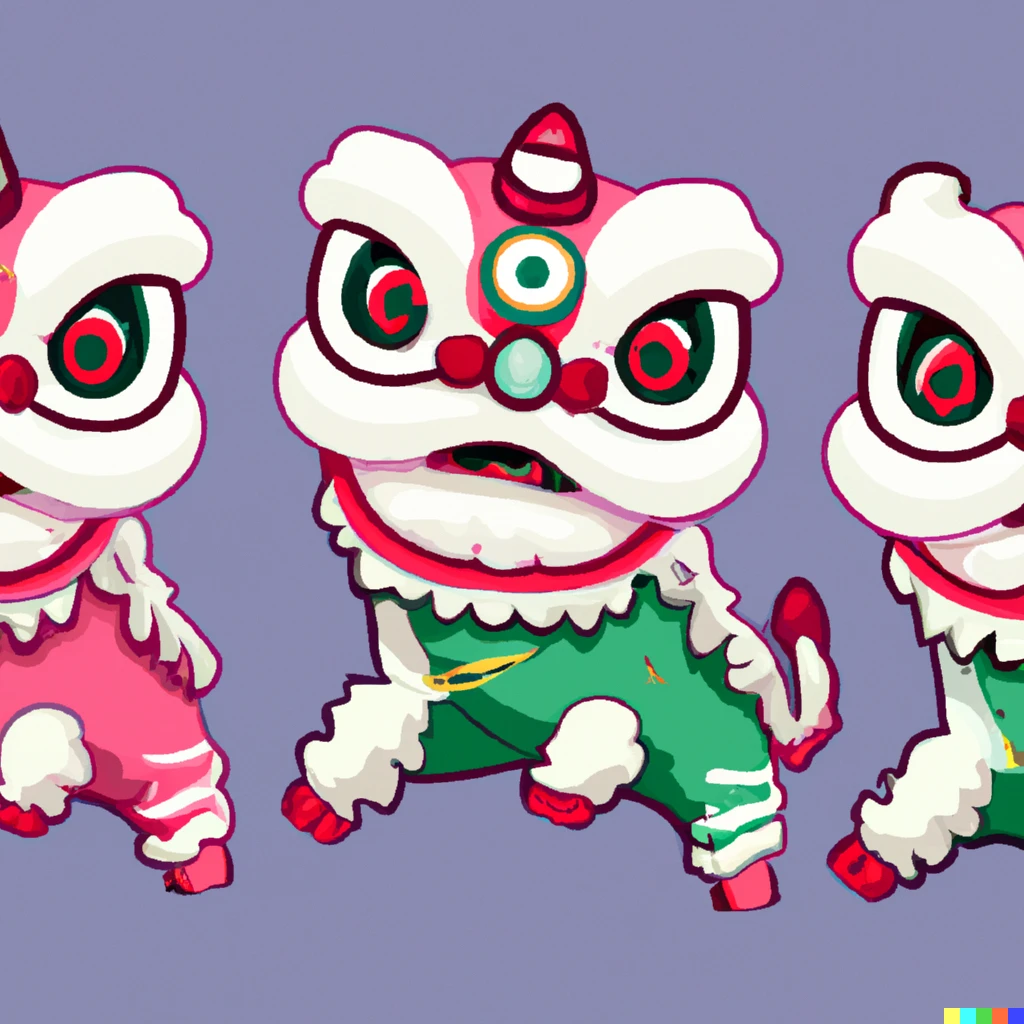 Prompt: Chinese dancing lions in cute chibi style