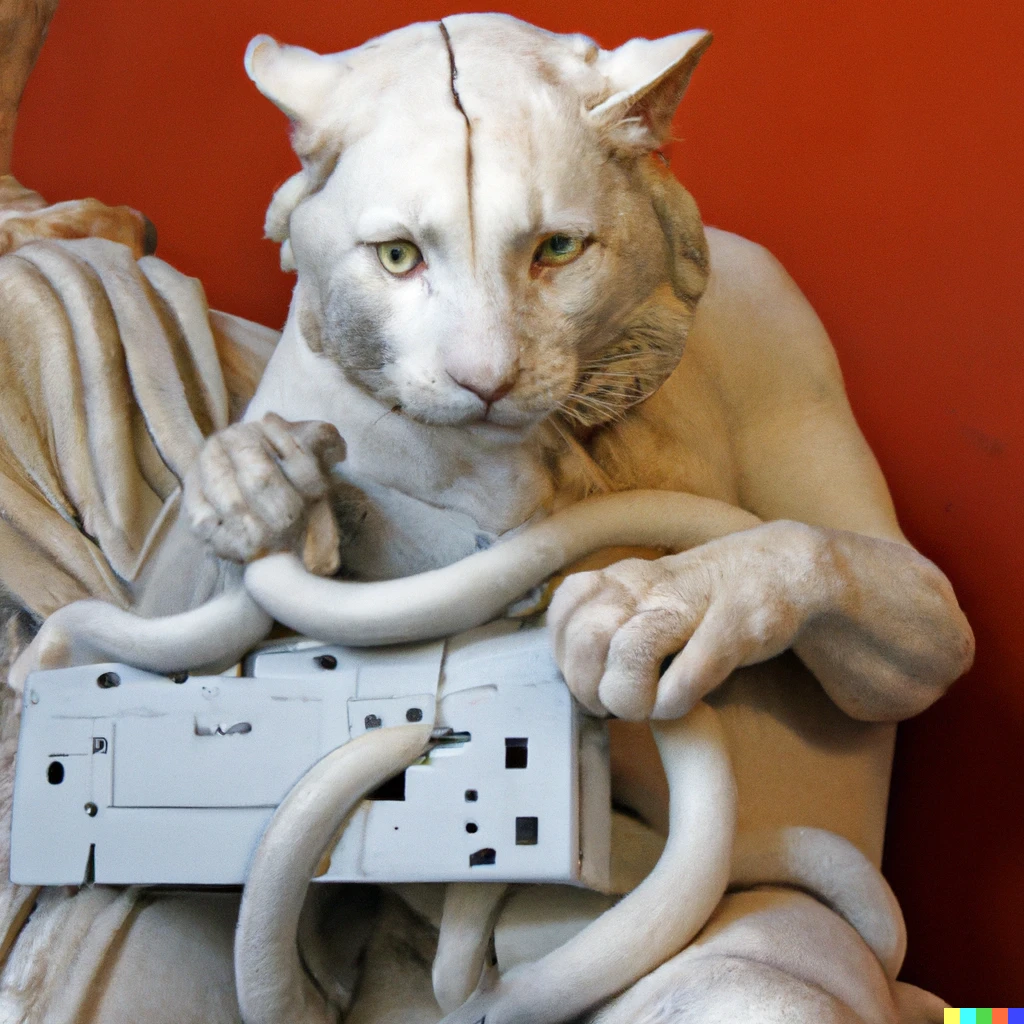 Prompt: An IT-guy as cat trying to fix hardware of a PC tower is being tangled by the PC cables. Marble, copy after Hellenistic original from ca. 200 BC. Found in the Baths of Trajan, 1506.