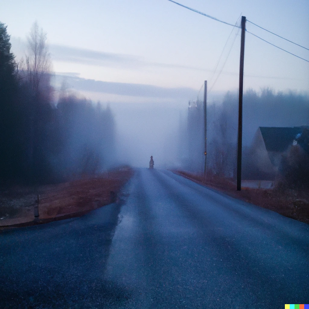 Prompt: A street with lonely troll in finland countryside in the style of Silent Hill.  Fog sets in. 