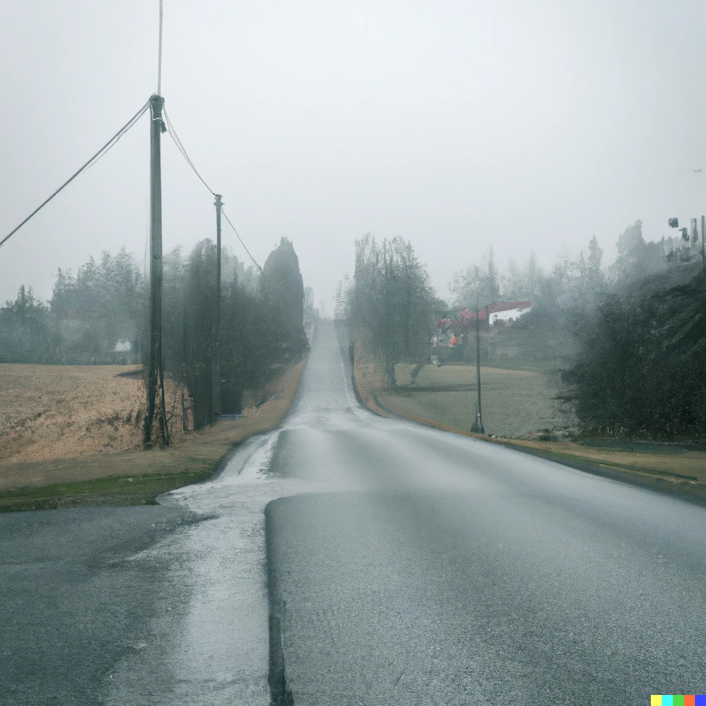 Prompt: A street in finland countryside in the style of Silent Hill. Fog sets in. 