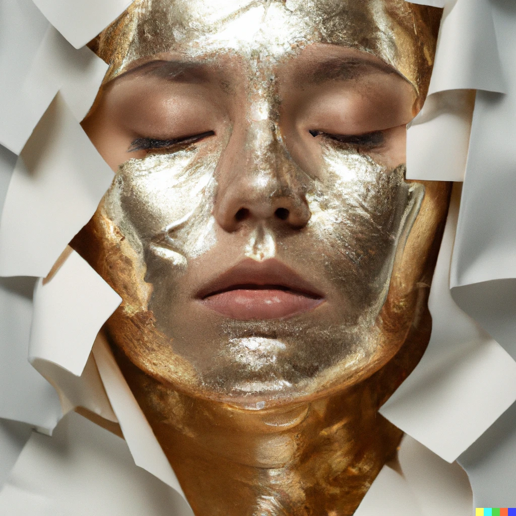 Prompt: Full Face of beatiful female godness. Her skin is covered with  thin white metal and gold sheets. sheets are peeling of. Perfect photo.