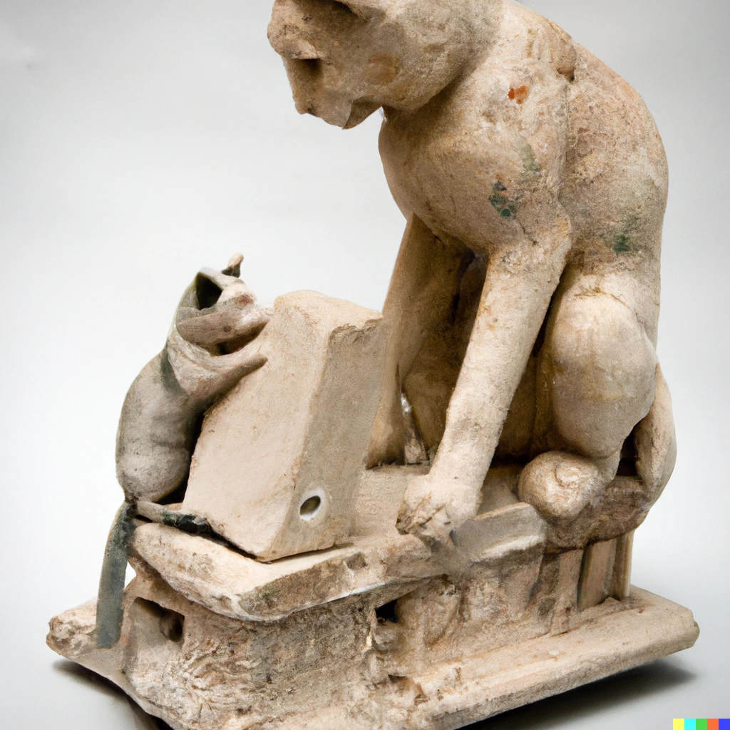 Prompt: An IT-guy as cat trying to fix hardware of a PC tower that is needed like NOW on presentation of company future and management is waiting eagerly pc to start. Marble, copy after Hellenistic original from ca. 200 BC. Found in the Baths of Trajan, 1506.