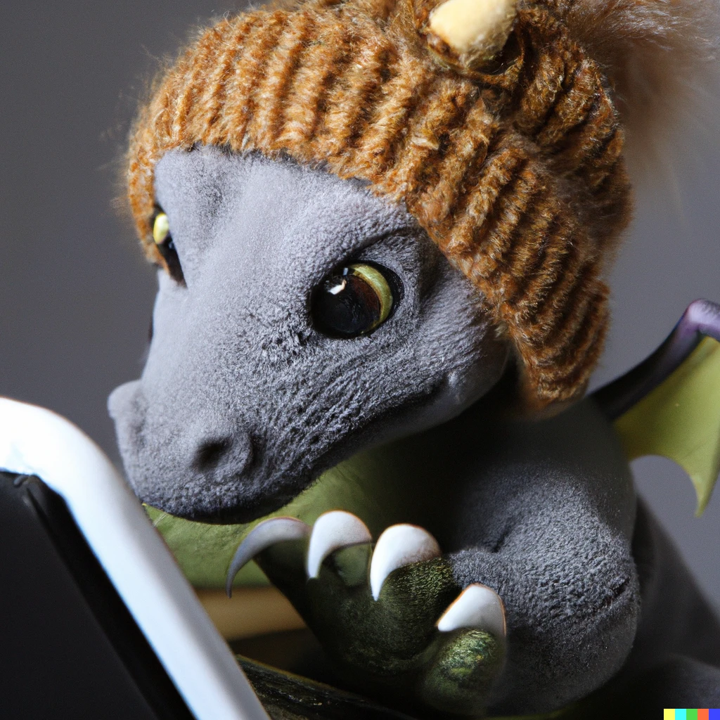 Prompt: A fluffy baby dragon with a knitted hat trying to figure out a laptop, close up, highly detailed, studio lighting, screen reflecting in its eyes