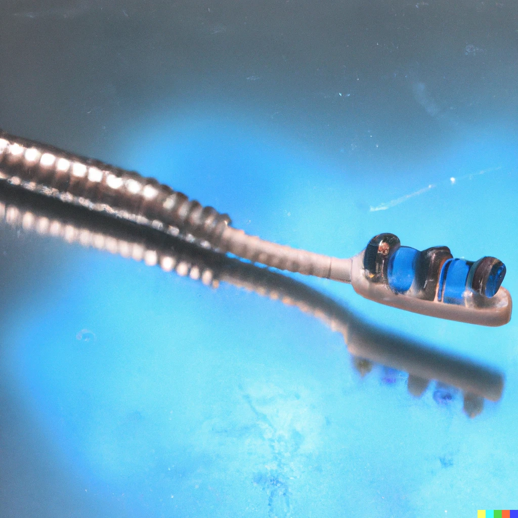 Prompt:   Micro tooth brush for ants with metal coils and blue glass details, Advertising Product Shot. Award Winning 35Mm