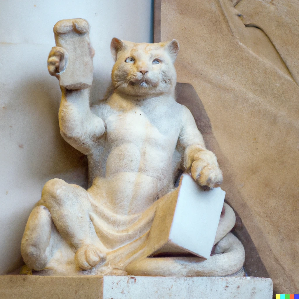 Prompt: An IT-guy as cat trying to fix hardware of a PC tower and succeeded! Yesh! Celebratory! Whole company celebrating hero! Marble, copy after Hellenistic original from ca. 200 BC. Found in the Baths of Trajan, 1506.
