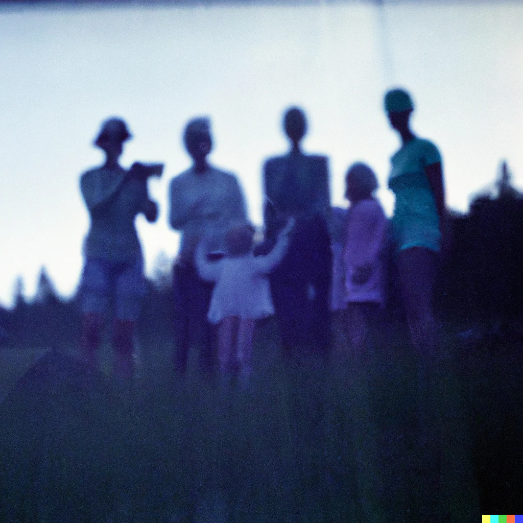 Prompt: grainy  film photo of a family taking a group photograph but they dont notice ghost in shadows, in 1970s Finland countryside, 50mm lens, cinematic colors, oversaturated filter