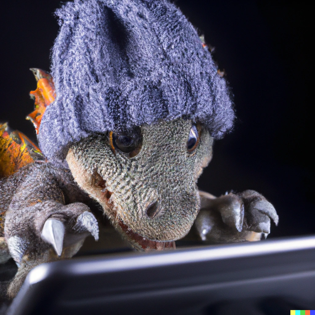 Prompt: A fluffy baby dragon with a knitted hat trying to figure out a laptop, close up, highly detailed, studio lighting, screen reflecting in its eyes