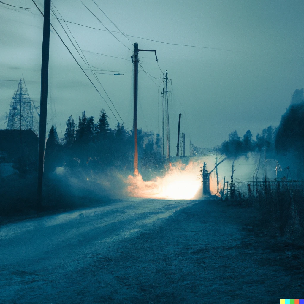 Prompt: A street with lonely troll in finland countryside in the style of Silent Hill.  Fog sets in. Ash and smoke. Sparks