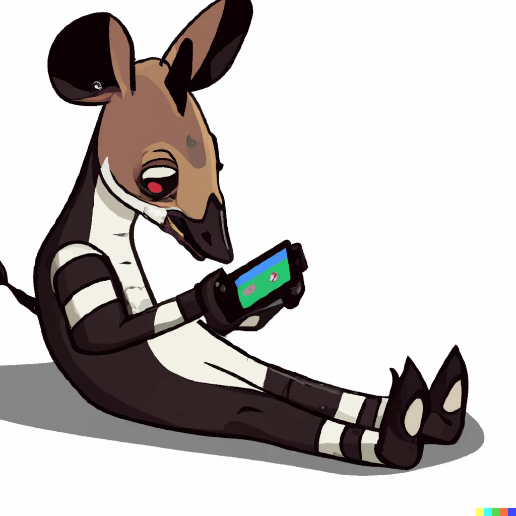 Prompt: an okapi playing video games